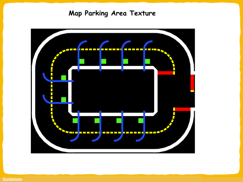 Figure 2 illustrates a conceptual design of a parking area within the Duckietown environment. Comprising various standardized tiles, this depiction showcases a modular layout suitable for accommodating Duckiebots. The design includes six straight tiles, four curved left tiles, one three-way center tile, and two empty tiles. These components are arranged to form a configurable parking space that can be adapted to fit different spatial constraints. Notably, the configuration incorporates a T-intersection positioned such that Duckiebots are required to execute specific maneuvers upon entry and exit, ensuring adherence to the predetermined functionality of the parking area.