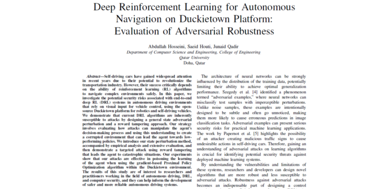 Deep Reinforcement Learning for Autonomous Navigation on Duckietown Platform: Evaluation of Adversarial Robustness