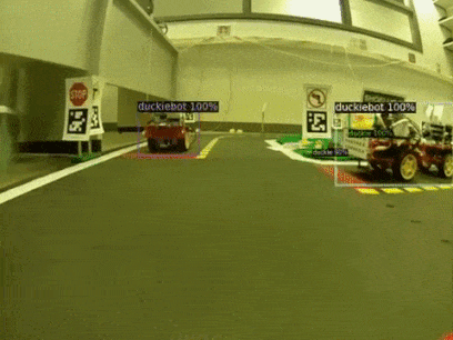 Duckietown object detection for pure pursuit and obstacle avoidance showing detected duckiebots and cones using deep learning